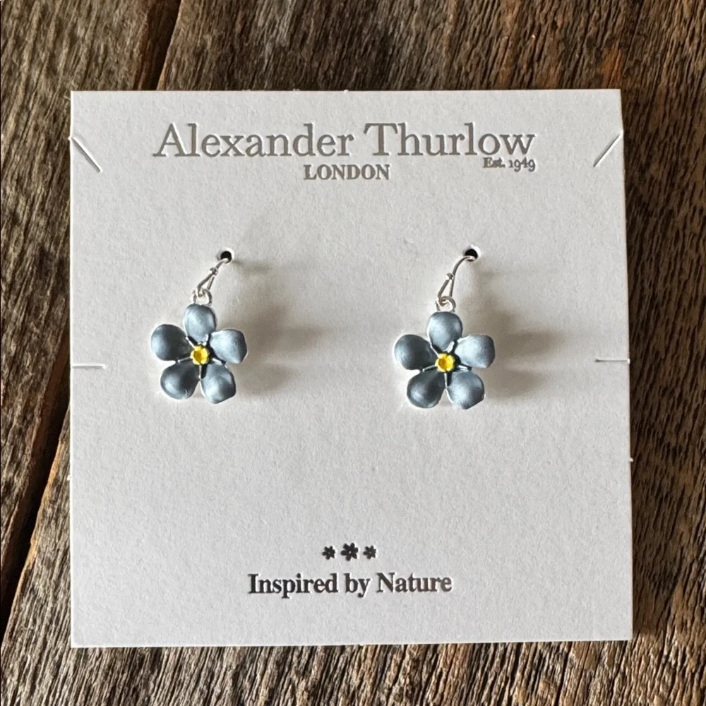 Alexander Thurlow Forget Me Not Blue Flower Drop Hook Earrings Silver Plated